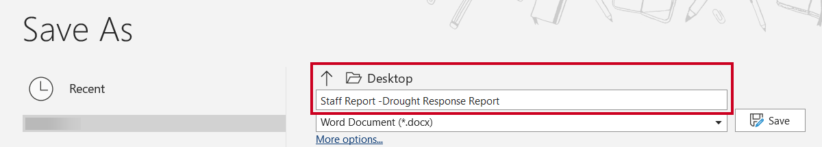 The file name and location fields on the Microsoft Word Save As screen.
