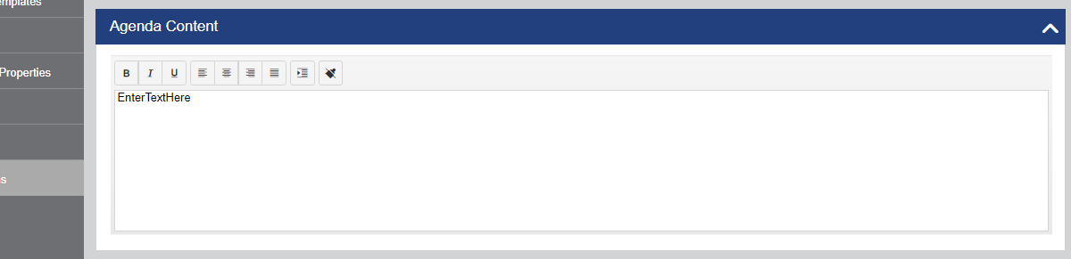 An Agenda Content field with EnterTextHere in the text box.