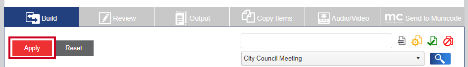 A red, rectangular Apply button directly below the Build tab.