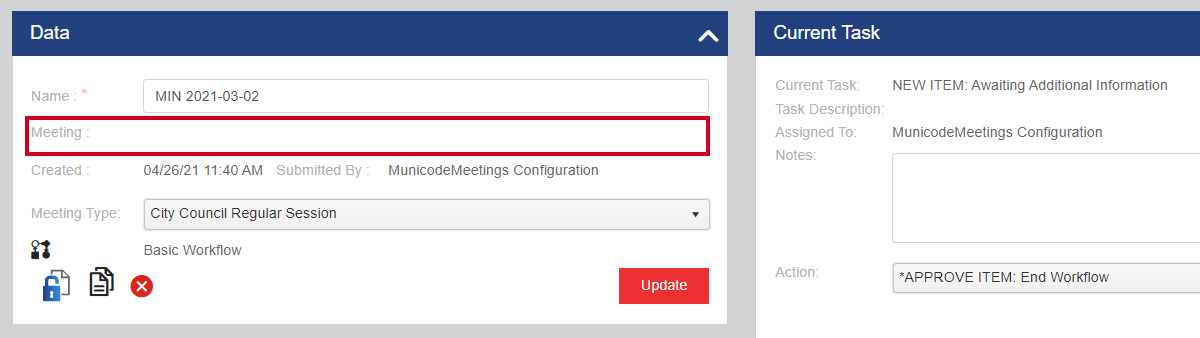 A blank meeting field on an example item detail screen.