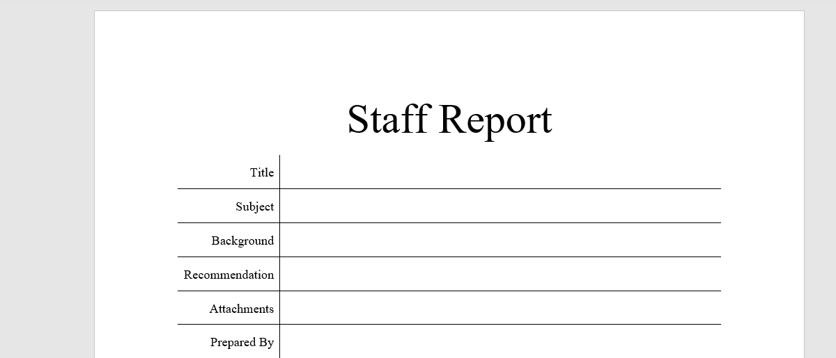 An example staff report template open in Microsoft Word.