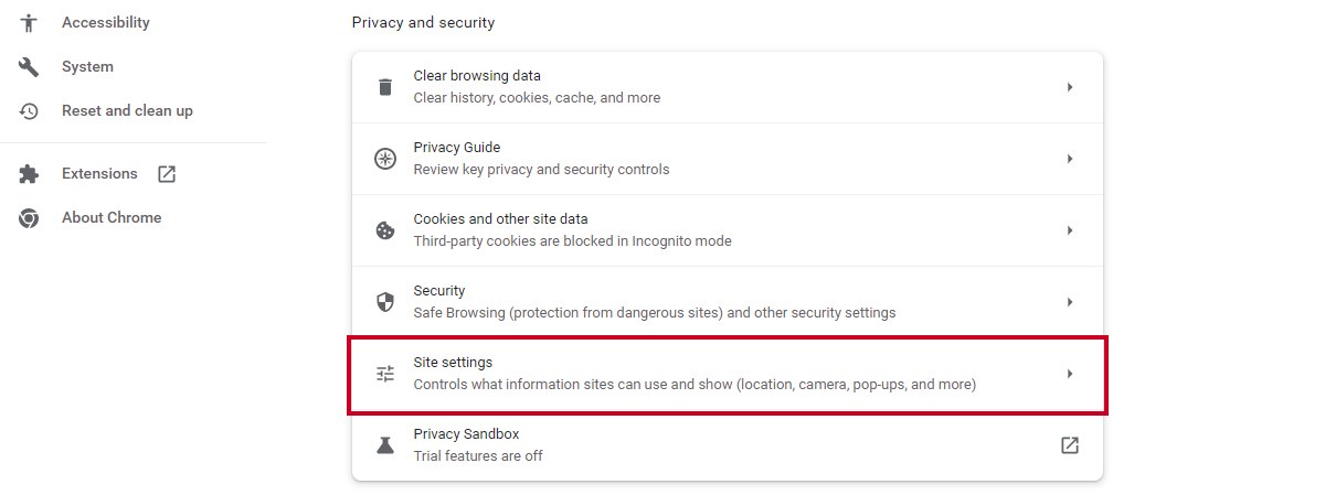 site settings option