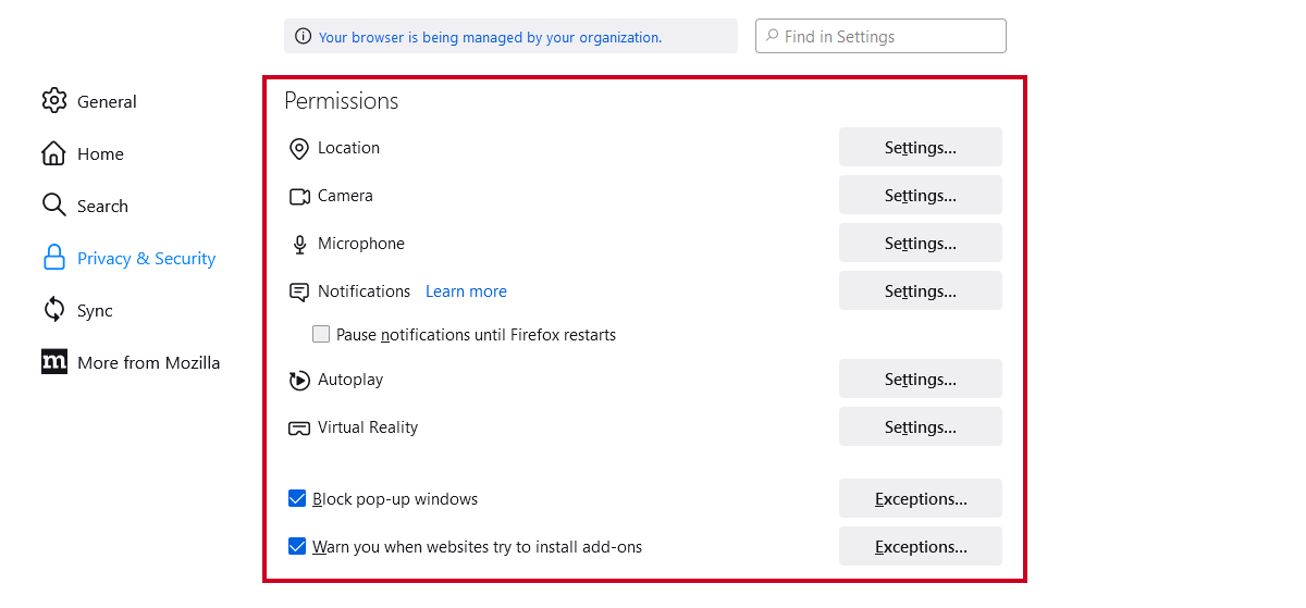 permissions section