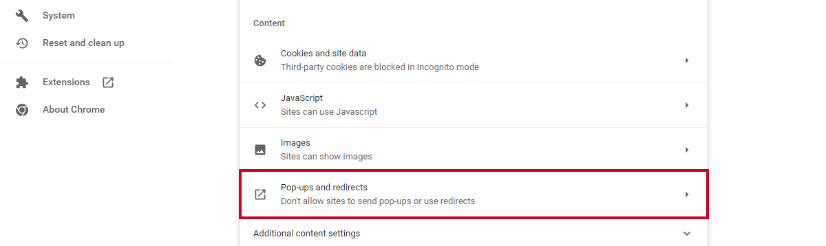 pop-ups and redirects option