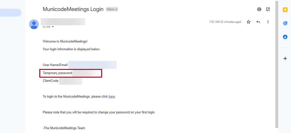An example password reset email with the Temporary password information highlighted.