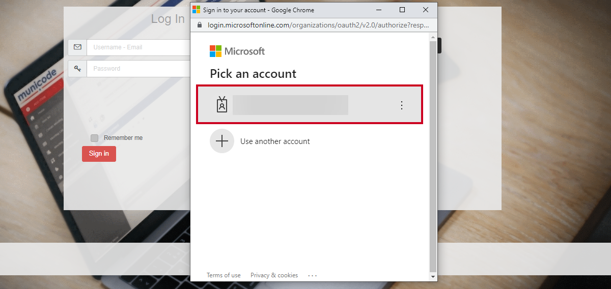 The Pick an account popup window with an example account highlighted.