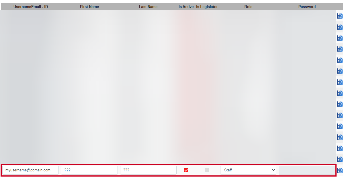 An example User row with incomplete Add User fields.