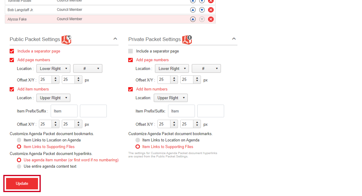 The red, rectangular Update button at the bottom of the Meeting Settings page.