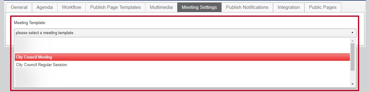 The Meeting Template dropdown.