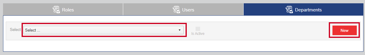 The Select dropdown menu and the red, rectangular New button which appear below the Roles, Users, and Departments tabs.