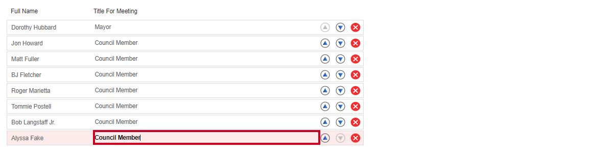 An example title within the Title for Meeting column.