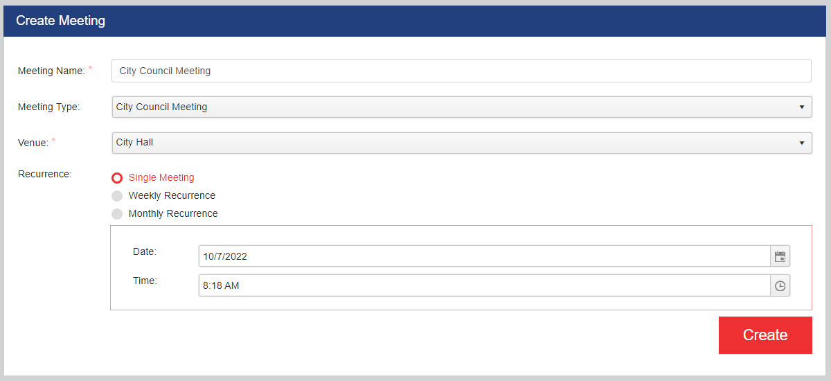 Create Meeting informational fields that allow you to establish the details of a new meeting.