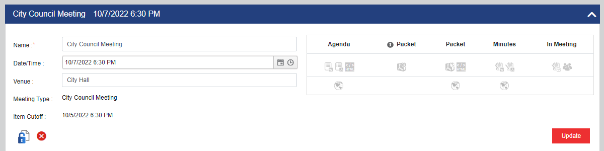 The meeting data section of a meeting detail screen which gives an overview of event and meeting document information.