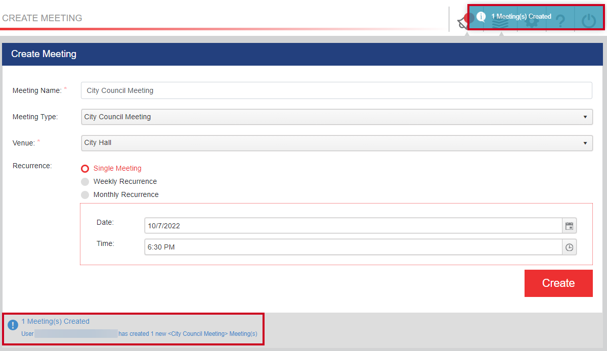 Two Meeting Created notices that confirm the creation of a new meeting in the system.