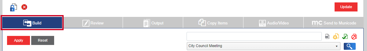 The Build tab which allows you to make changes to the order of business and items for the meeting.