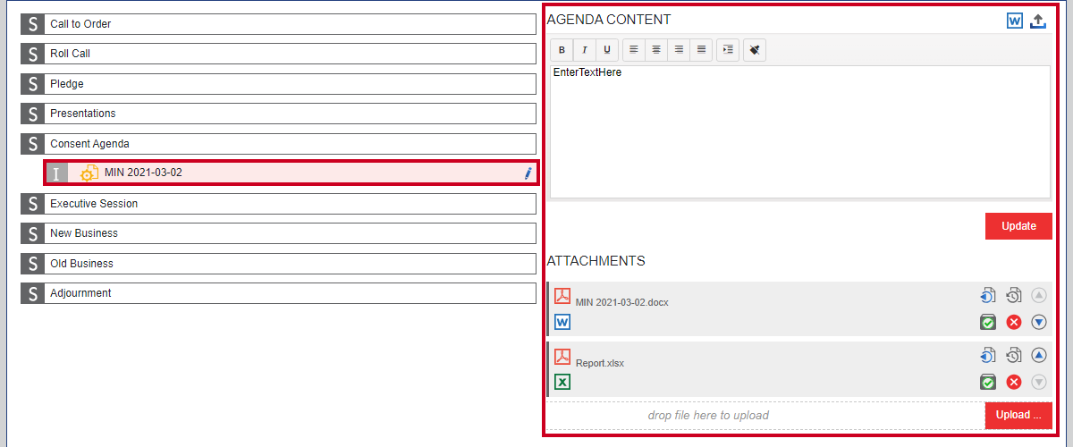 item agenda content and attachments