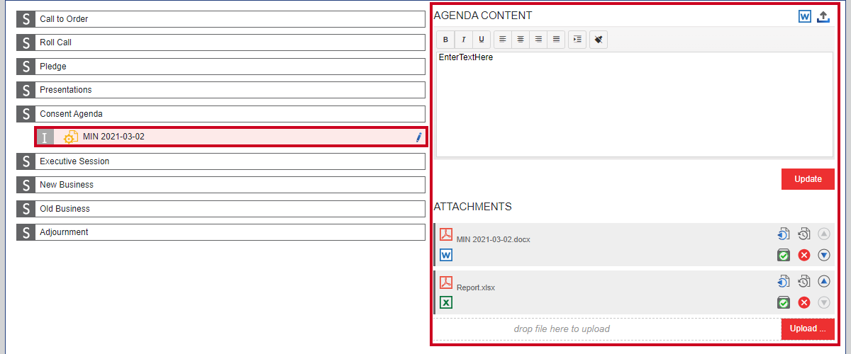 An example item and its associated agenda content and attachments.