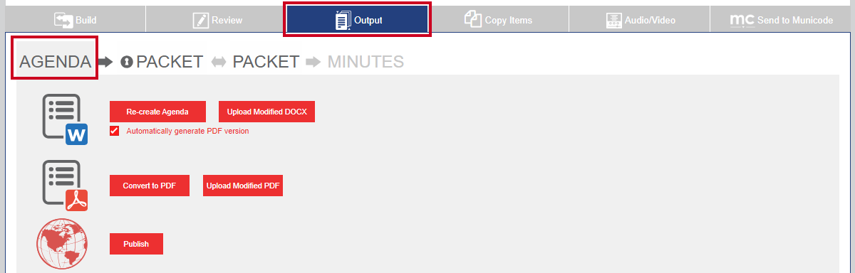 The Output tab and Agenda sub-tab highlighted.