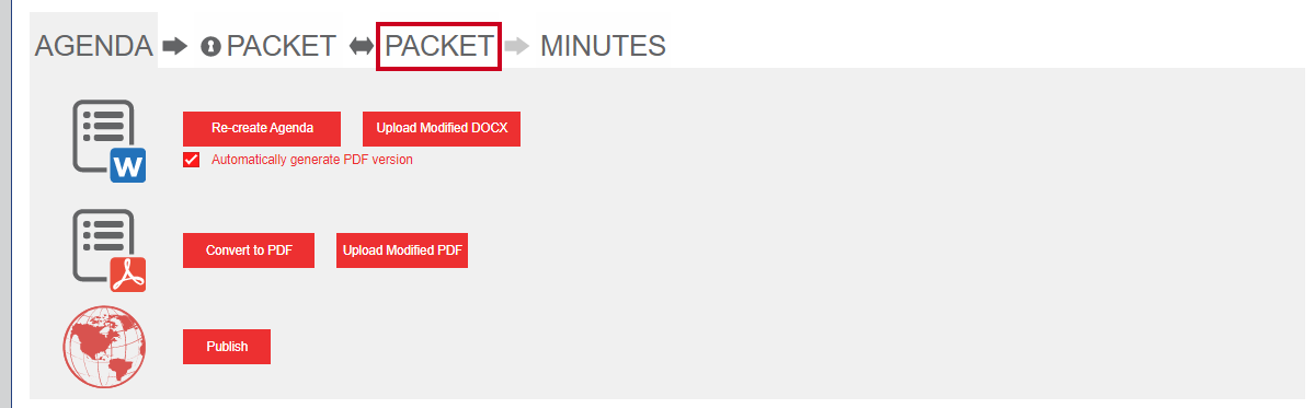 The Packet tab which is used to create a publicly-accessible packet for the meeting.