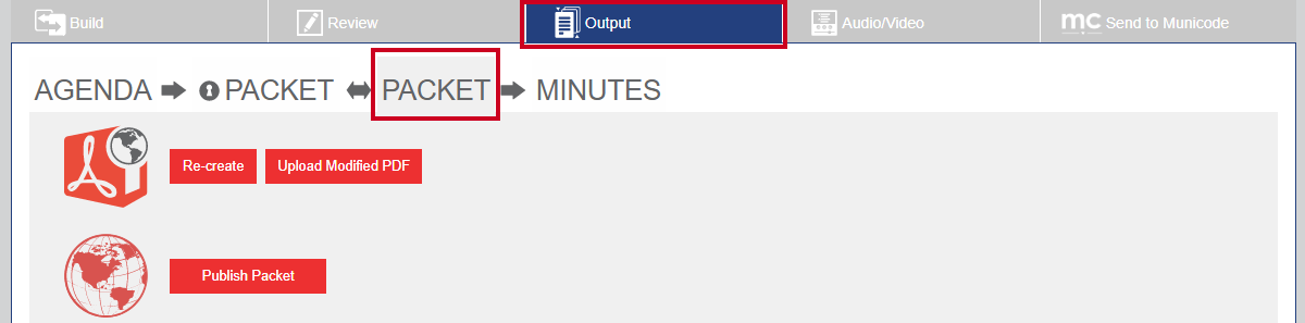 The Output tab and Packet sub-tab highlighted.