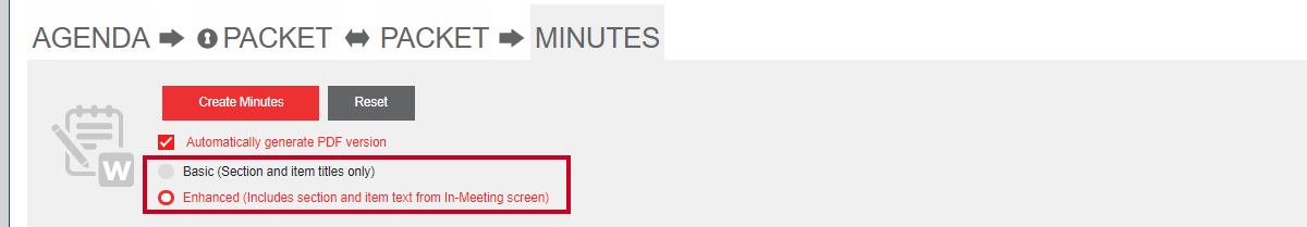 A Basic (Section and item titles only) radio button and an Enhanced (Includes section and item text from In-Meeting screen) radio button.