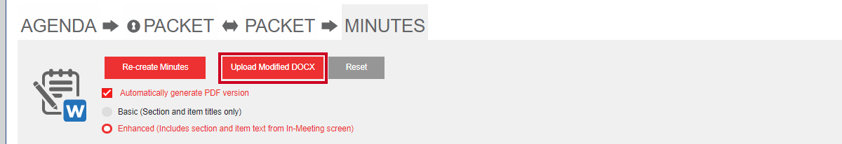 A red, rectangular Upload Modified DOCX button that allows you to upload a Microsoft Word minutes file from your computer to Agenda and Meeting Management Essential.