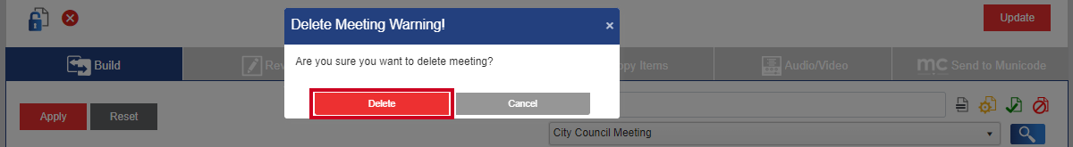 A red, rectangular Delete button on the Delete Meeting Warning pop-up.