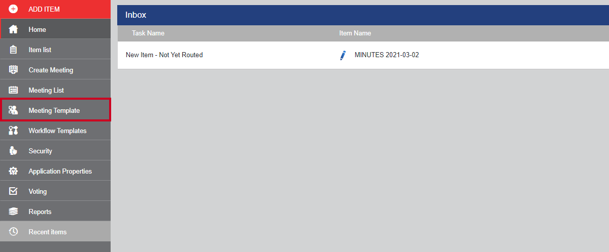 The Meeting Template option in the left-hand navigation menu.