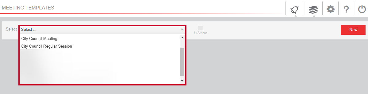 The Meeting Templates page Select drop-down list with example meeting template options.