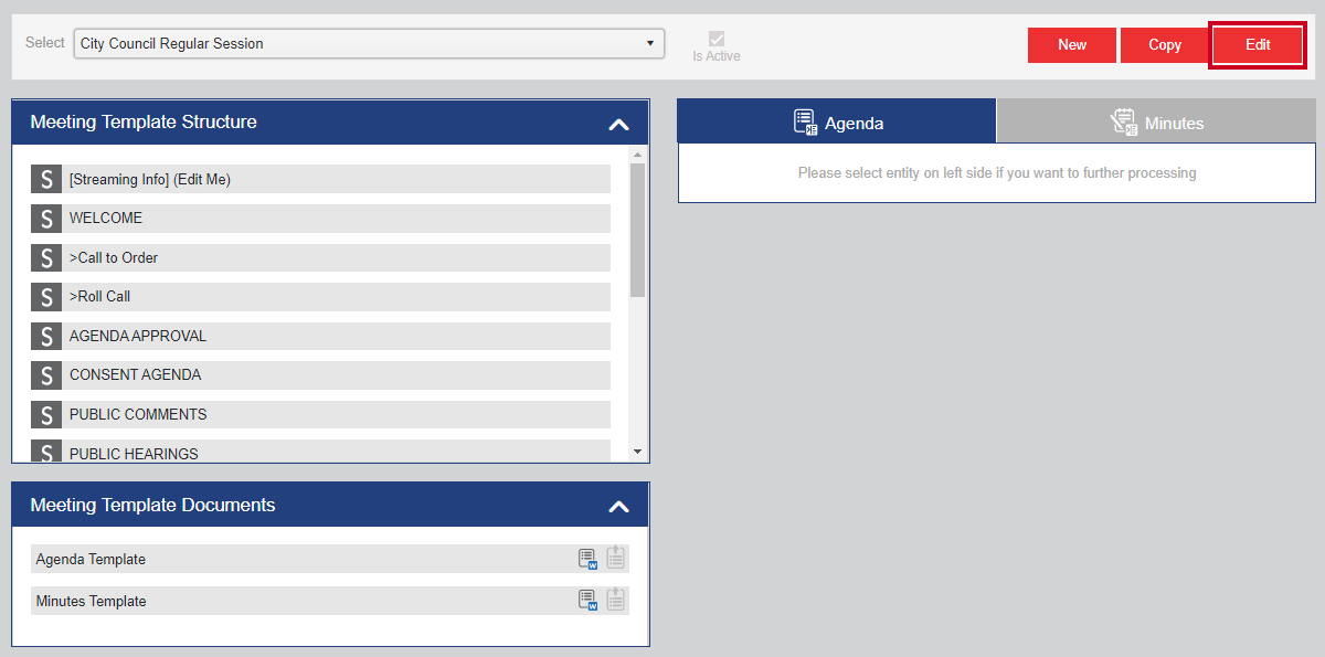 A red, rectangular Edit button that can be clicked to unlock the displayed meeting template.