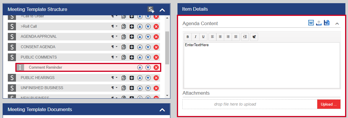 An example standing item that has been selected with its Agenda Content pane displayed.