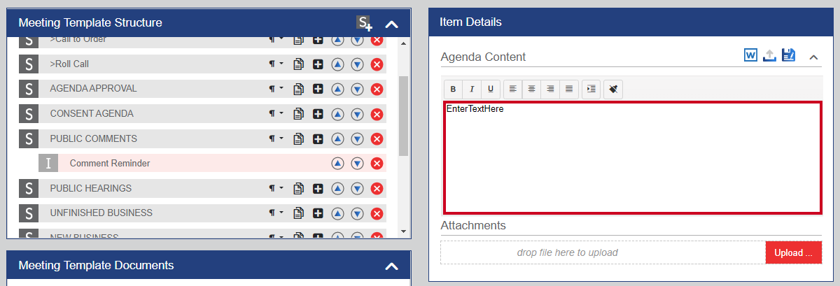 The Agenda Content text box.