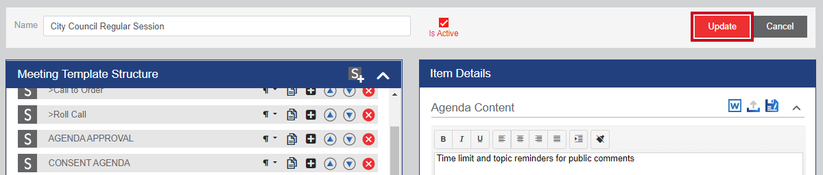 A red, rectangular Update button above the Minutes tab.