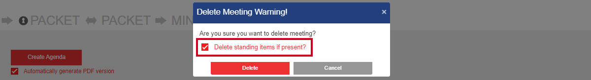 delete meeting with standing item warning
