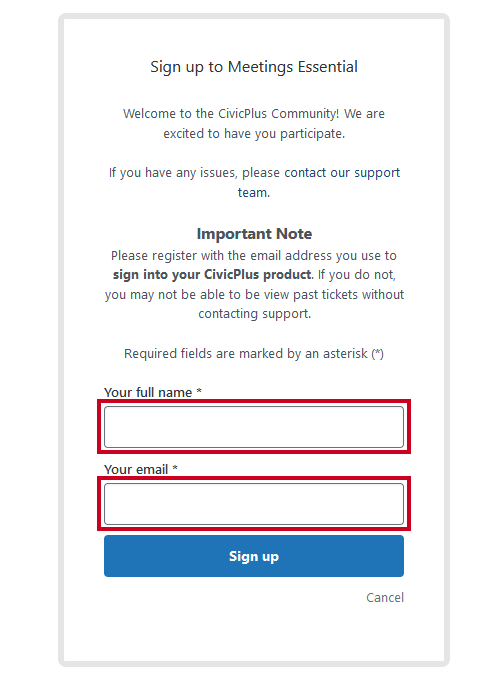 your full name and your email fields