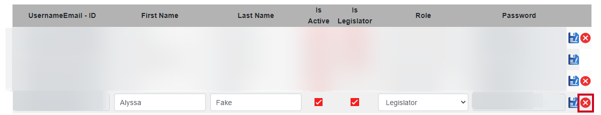 The Delete button to the right of an example user name.