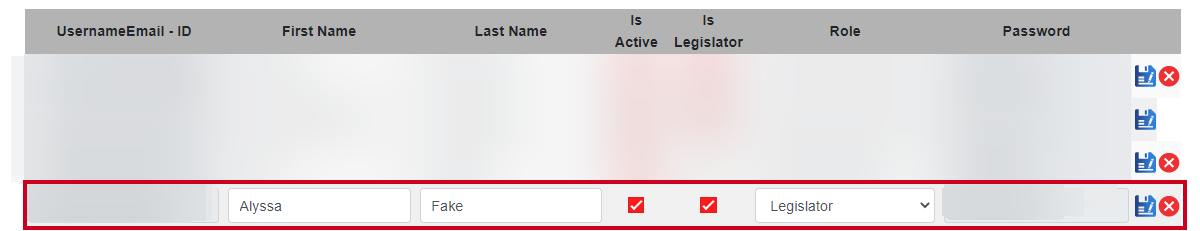 An example user row on the Users page.