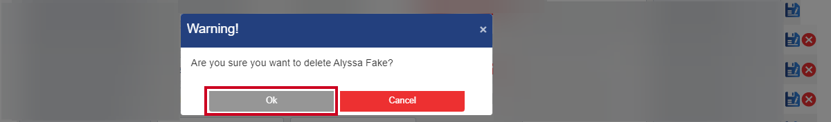 The gray, rectangular OK button on the Warning! deletion popup box.