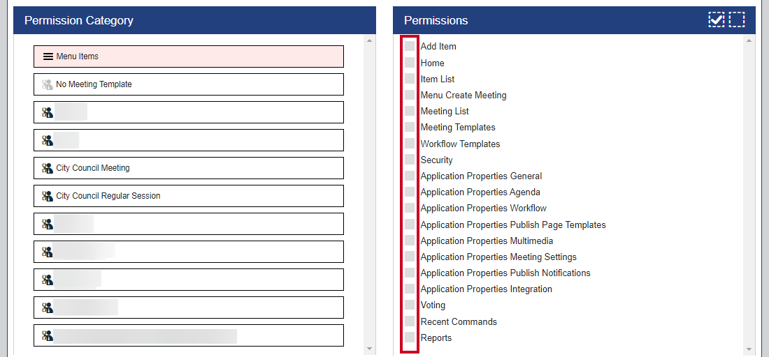 menu items permissions checkboxes