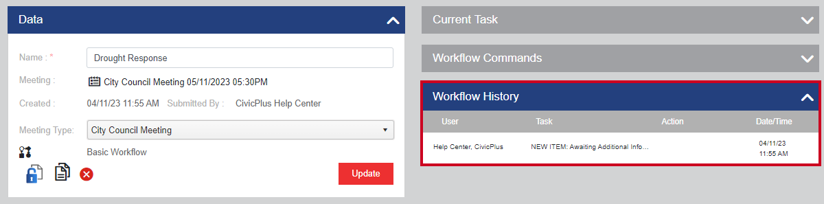The Workflow History section of an example item detail screen.