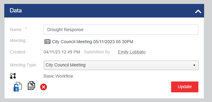 Example data fields with details in the Name, Meeting, Created, Submitted By, Meeting Type, and Workflow fields.