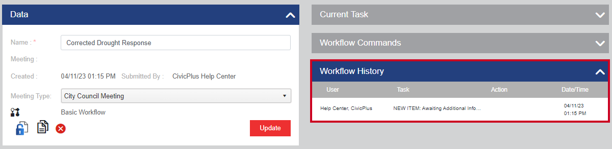 The Workflow History section of an example item detail screen.