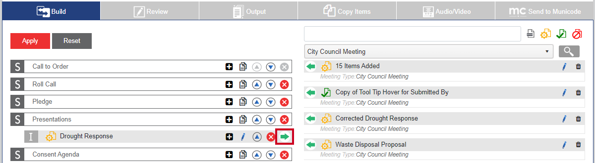 The Unassign button, which can be clicked to remove an item from an agenda section.