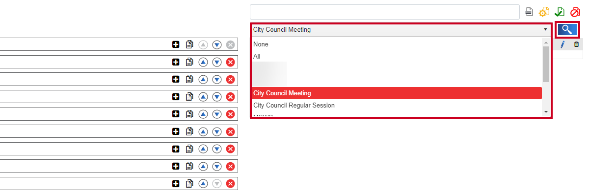 A meeting type drop-down list with multiple example meeting type names listed and a magnifying glass icon.