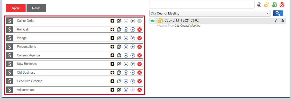 The standard order of business for the example meeting including various sections such as roll call and presentations.