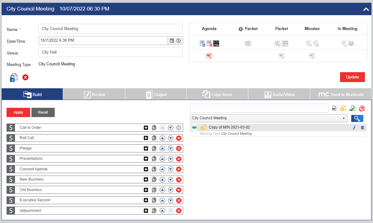 An example meeting detail screen with meeting data icons indicating that agenda documents have been created.