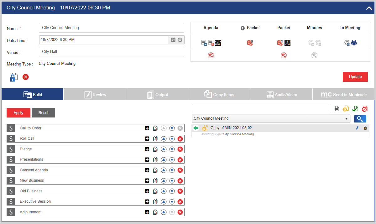 An example meeting detail screen with meeting data icons indicating that agenda, private packet, packet documents have been created and that a meeting is active.