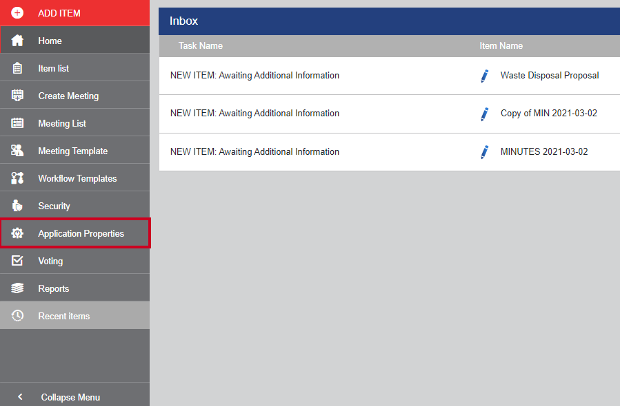 The Application Properties option highlighted within the left-hand navigation menu.