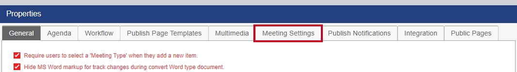 The Meeting Settings tab on the Properties page.