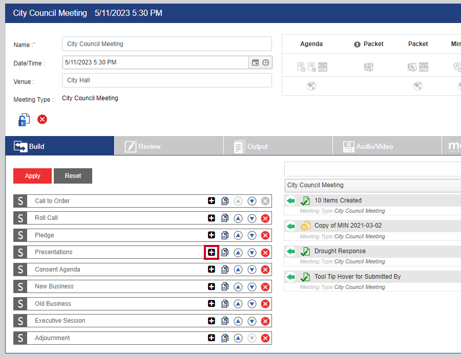 An Add New Item button on the build tab of an example Meeting Detail Screen.